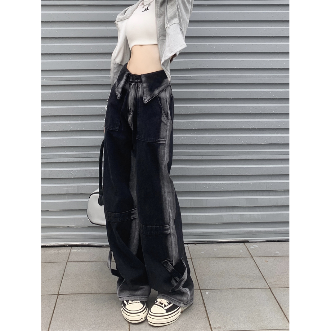 美式設計感翻邊撞色牛仔褲女秋季新款高腰垂感直筒褲顯瘦拖地褲子