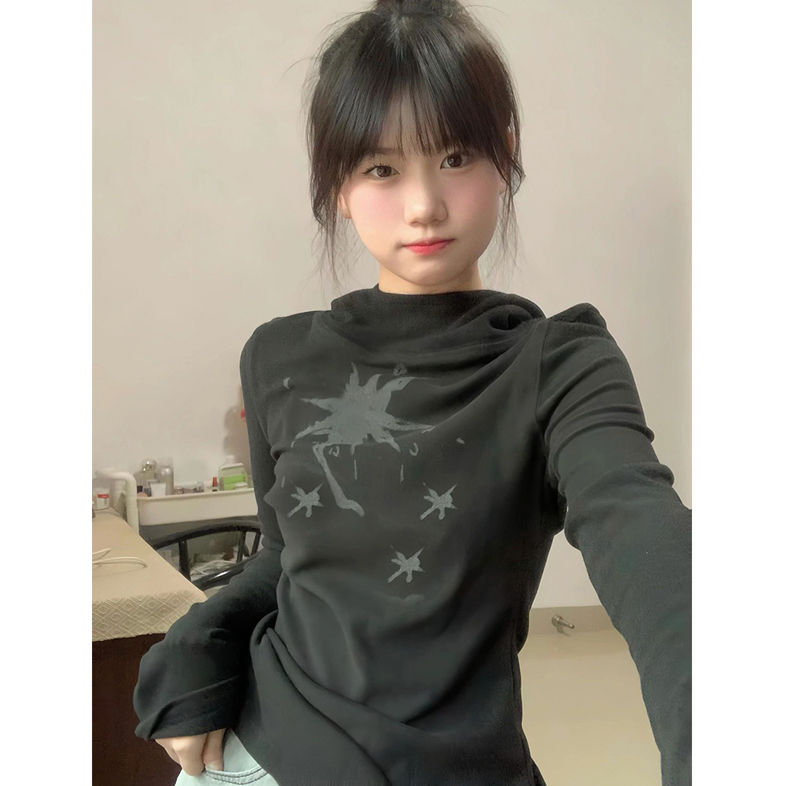 美式復古長袖t恤女秋季新款設計感小眾打底衫修身顯瘦連帽上衣ins