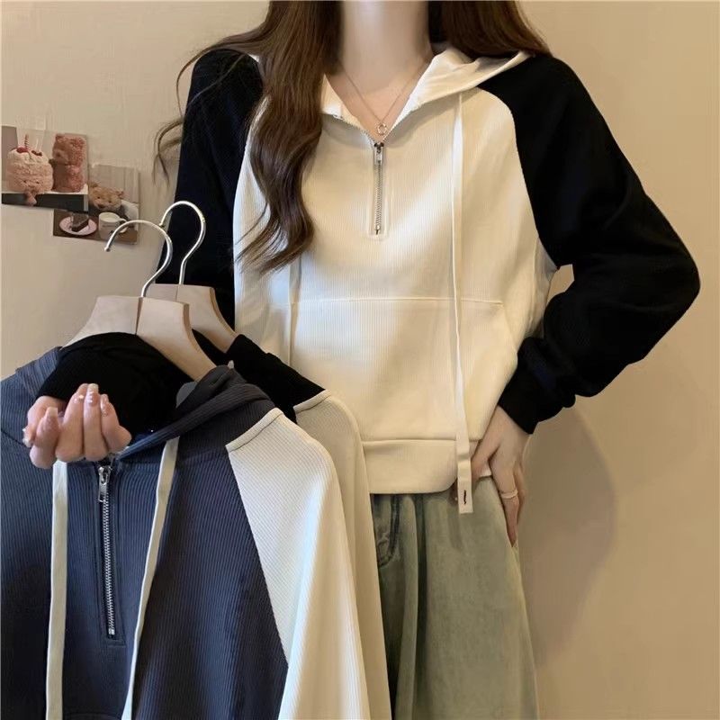 韓版正肩連帽衛衣女秋冬大碼胖mm寬鬆遮肉短款T恤撞色小眾上衣ins
