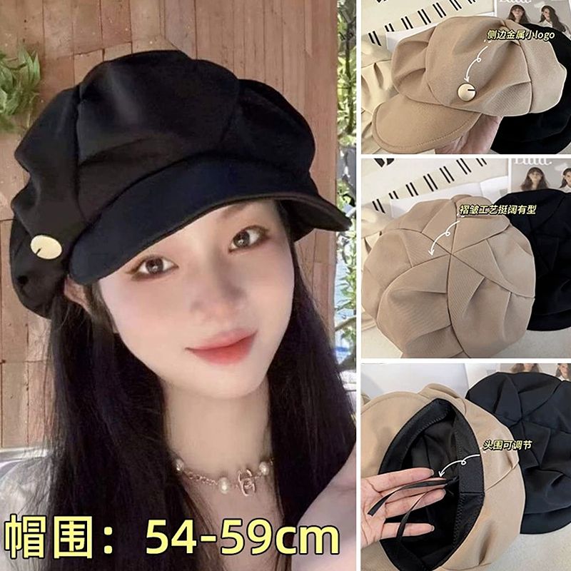 New large size pleated cloud hat for women with big head circumference, versatile Korean style painter's octagonal hat with big head circumference and small spring and autumn face