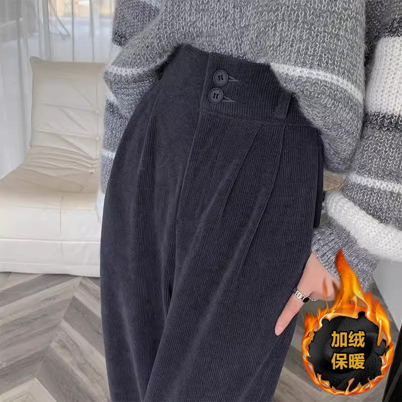 灰色雪尼爾闊腿褲女秋冬2023新款高腰垂感小個子加絨燈芯絨直筒褲