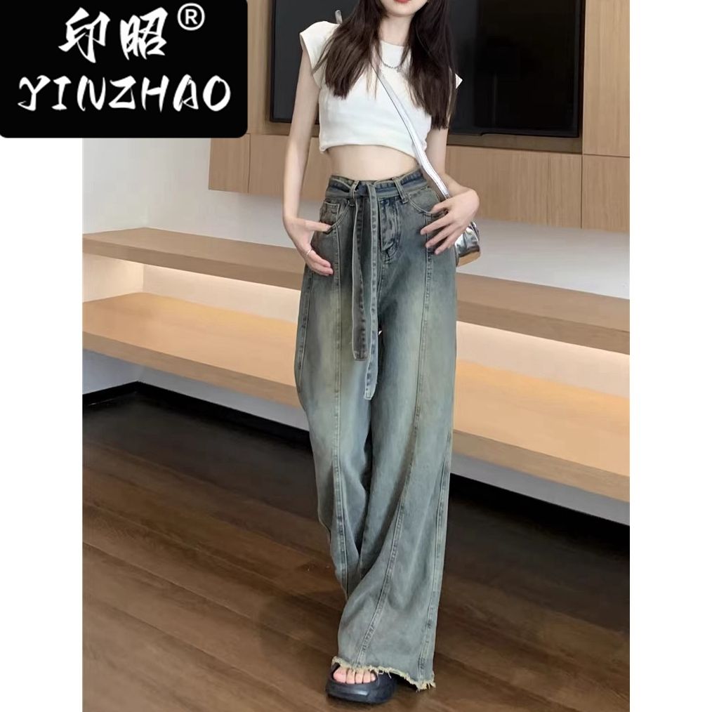【印昭YINZHAO】美式牛仔褲女裝做舊高腰毛邊寬鬆拖地長褲闊腿褲