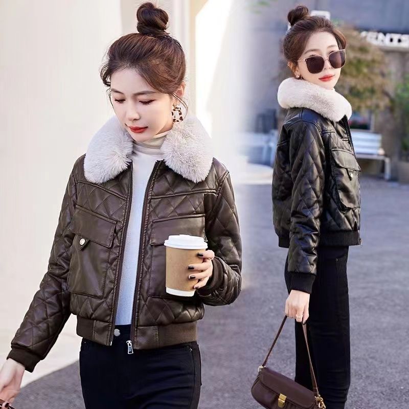 Velvet thickened leather jacket women's short winter new fashion small motorcycle jacket cotton leather jacket small cotton jacket