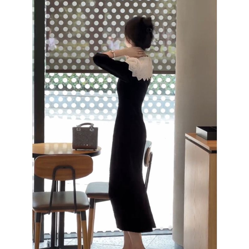 画朴法式黑色蕾丝丝绒连衣裙女装2023秋季新款赫本风高级感长裙潮