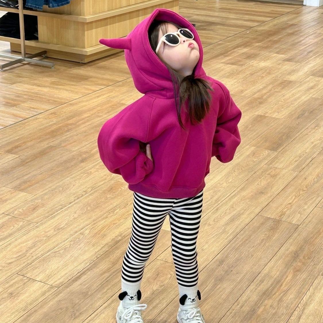 韓版童裝女童加絨加厚休閒小惡魔衛衣寶寶秋冬裝上衣打底褲兩件套