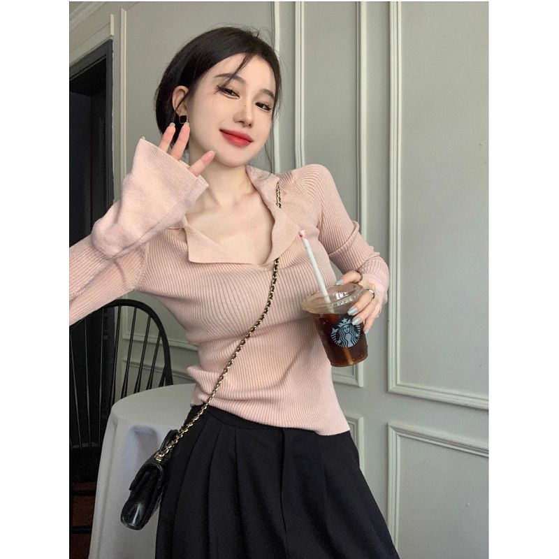甜辣妹粉色v領薄款長袖針織衫女早秋薄款毛衣打底修身設計感上衣