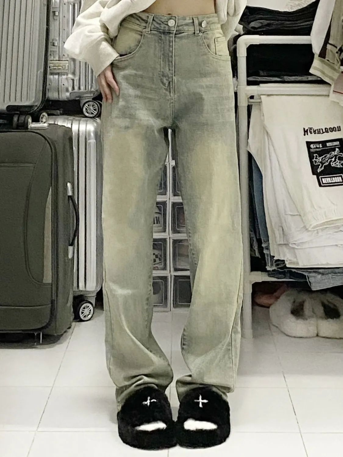 美式高街黃泥色水洗做舊牛仔褲女2023秋季新款高腰直筒顯瘦褲子潮