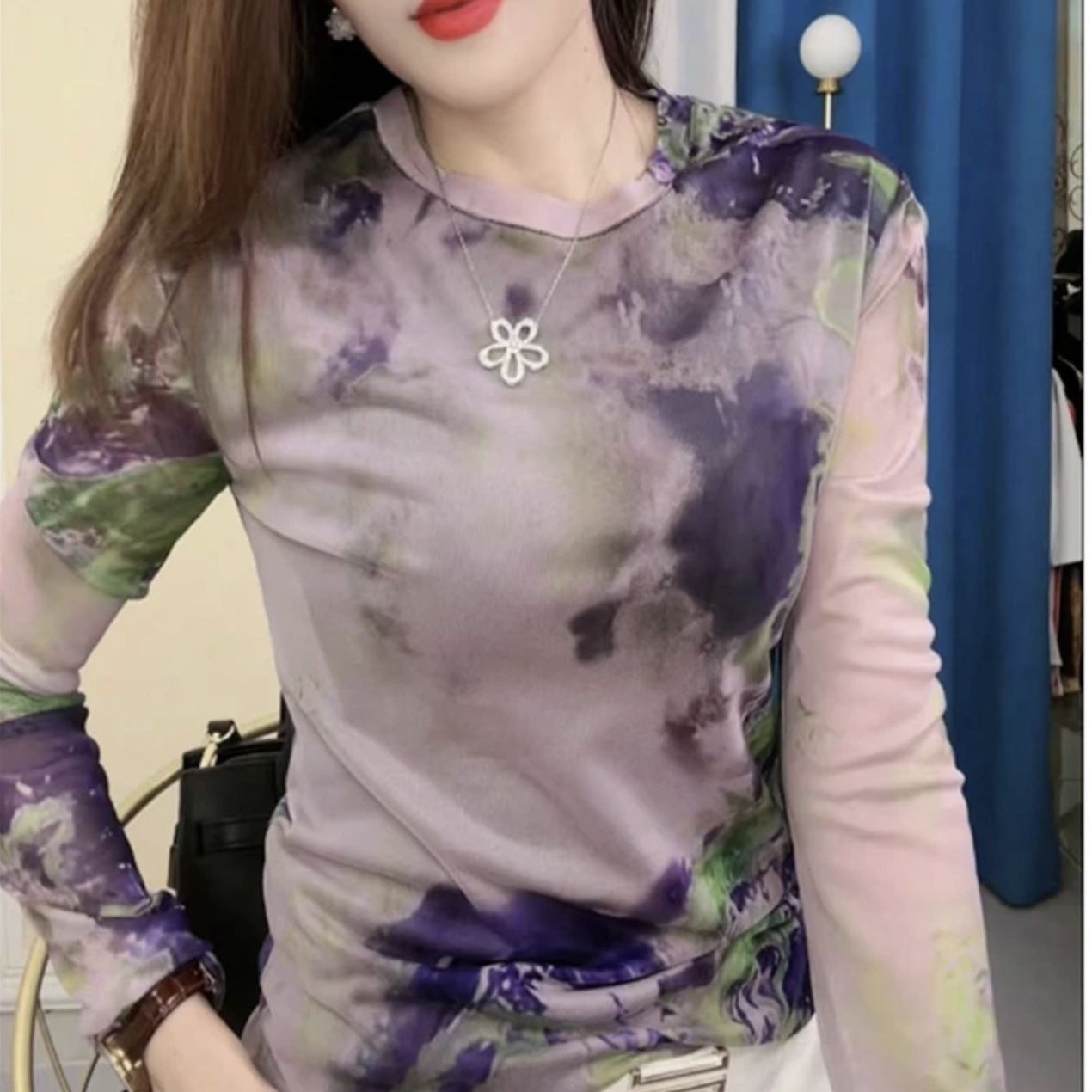 高端肌膚長袖網紗上衣高級感歐貨扎染打底小衫女秋季新款修身印花