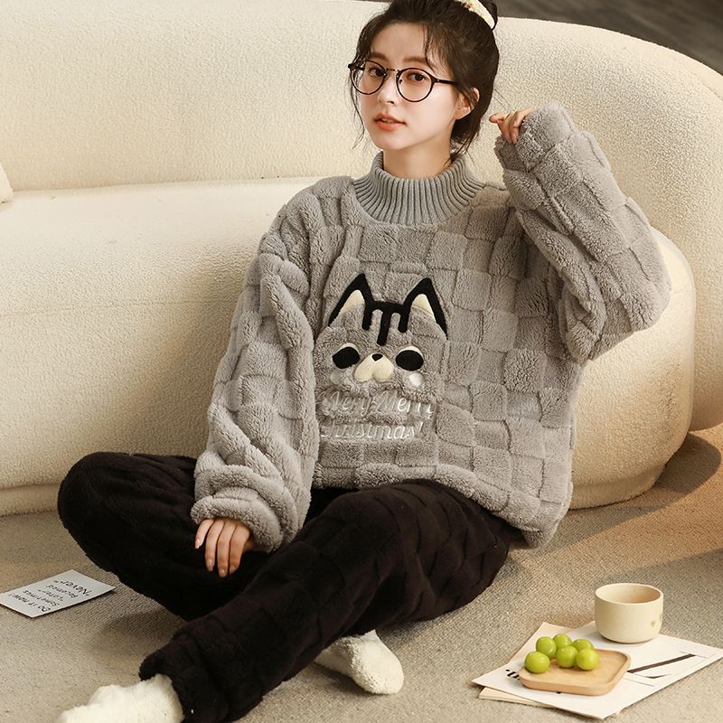 100%睡衣女秋冬季珊瑚絨加厚法蘭絨保暖卡通學生家居服可外穿套裝