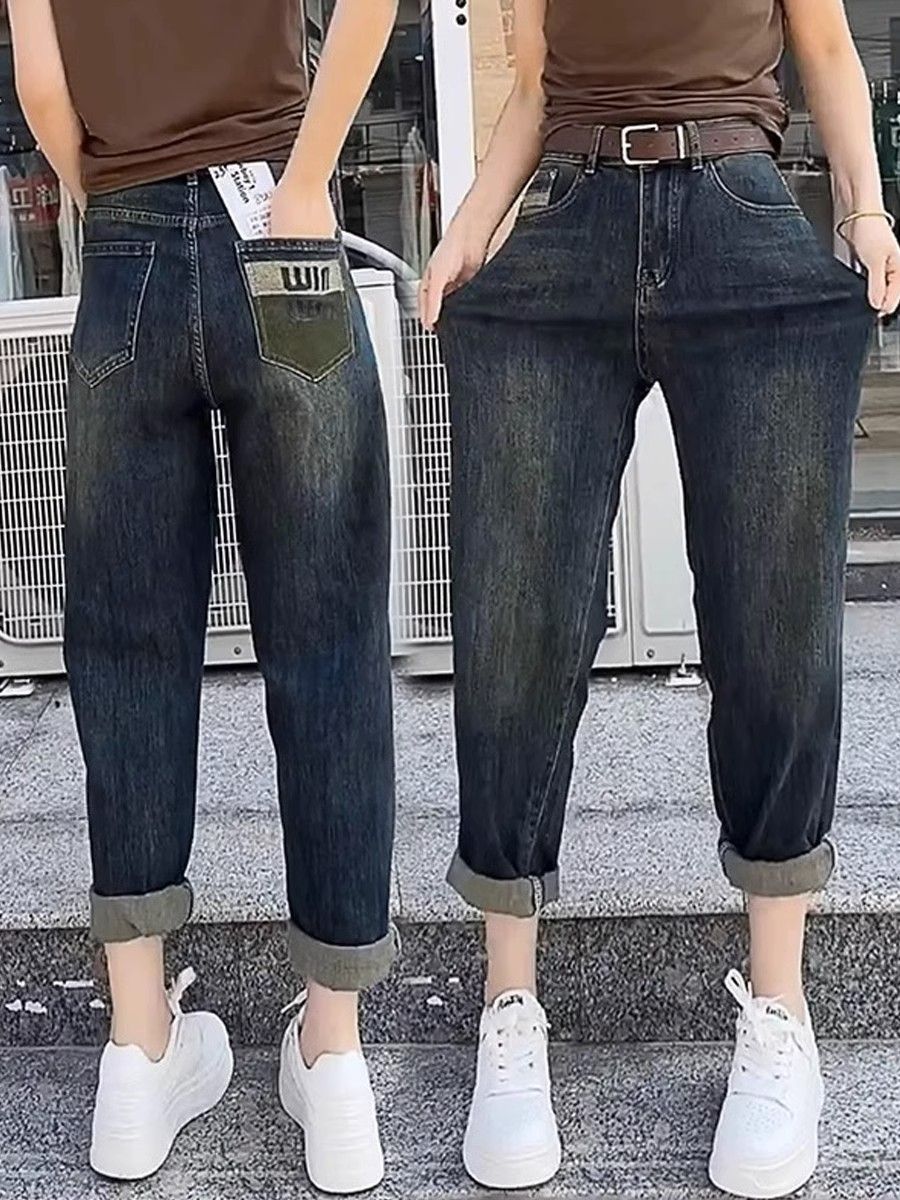 高腰顯瘦哈倫牛仔褲2023年秋季新款大碼女裝胖妹妹九分老爹褲
