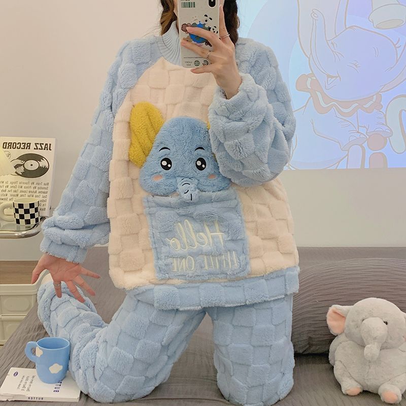加絨加厚睡衣女士冬季長毛絨甜美清新舒適簡約寬鬆大碼家居服套裝