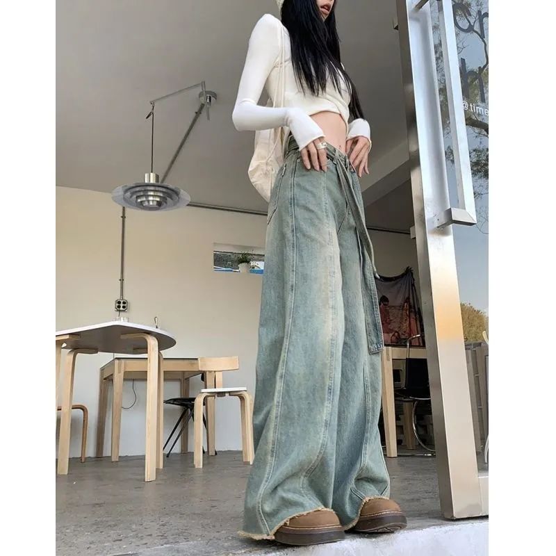 美式復古高街綁帶牛仔褲女2023秋季新款高腰顯瘦寬鬆闊腿毛邊長褲
