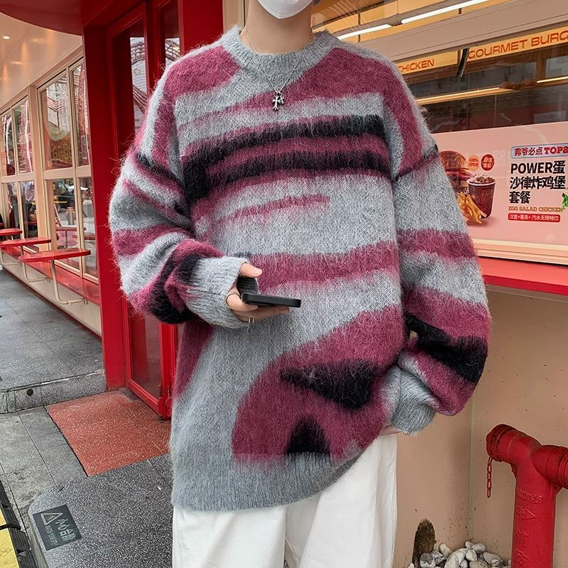 High Street Lazy Style Sweater Men's Autumn American Trendy Color Blocked Versatile Sweater Loose Soft Waxy Couple's Couple Trendy Jacket