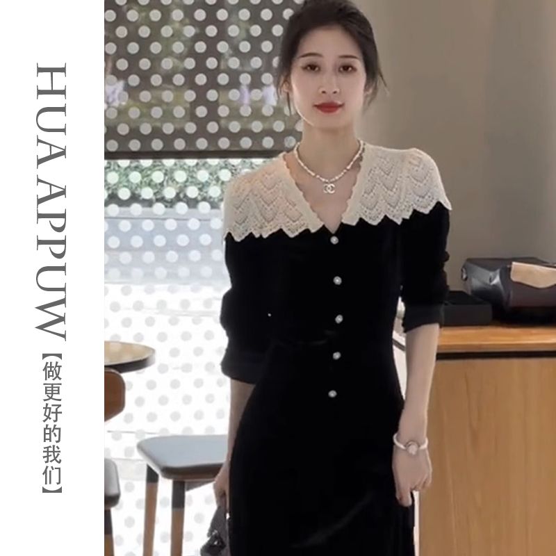 畫朴法式黑色蕾絲絲絨連衣裙女裝2023秋季新款赫本風高級感長裙潮