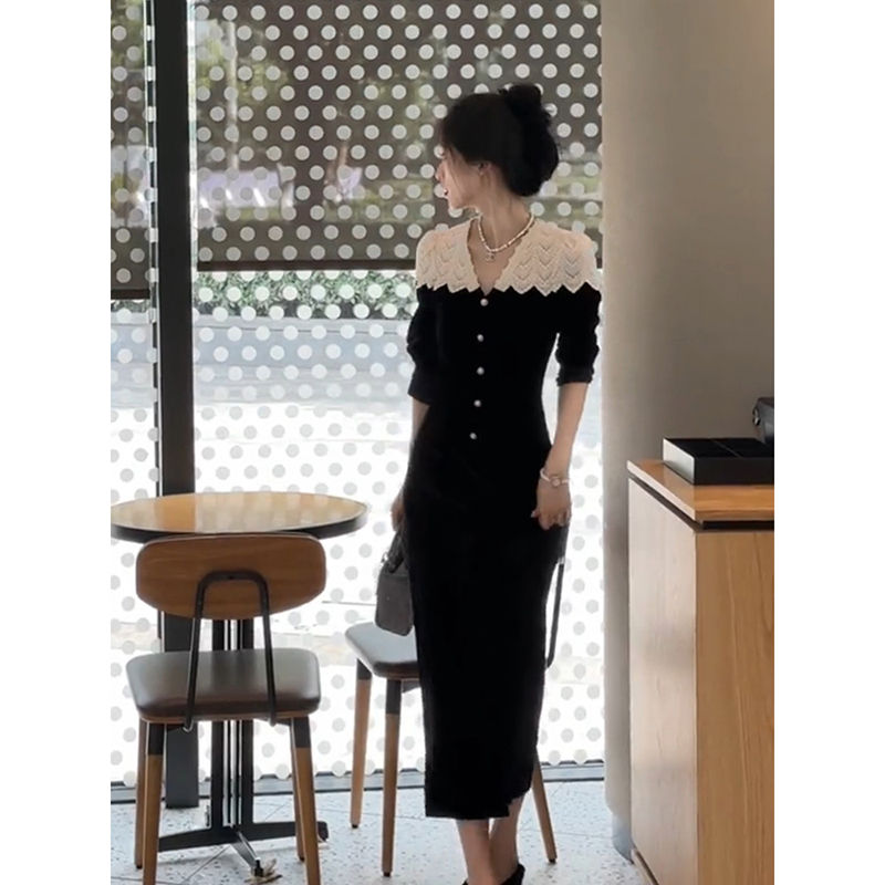 画朴法式黑色蕾丝丝绒连衣裙女装2023秋季新款赫本风高级感长裙潮