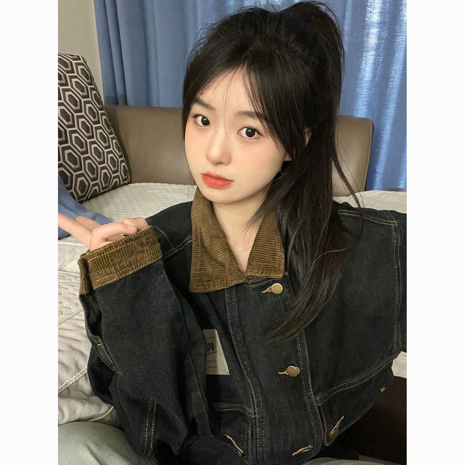 美式做舊水洗拼接古着牛仔外套女秋季休閒oversize工裝夾克女學生