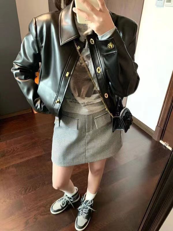 黑色pu皮衣機車夾克短外套女2023年春秋新款韓版休閒百搭女士上衣