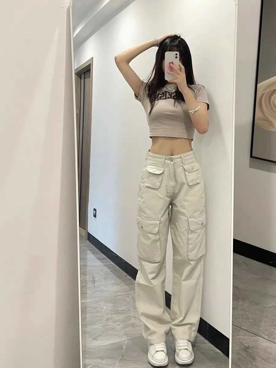 美式沙白色工裝褲女2023年秋季新款高腰寬鬆顯瘦復古休閒闊腿褲子