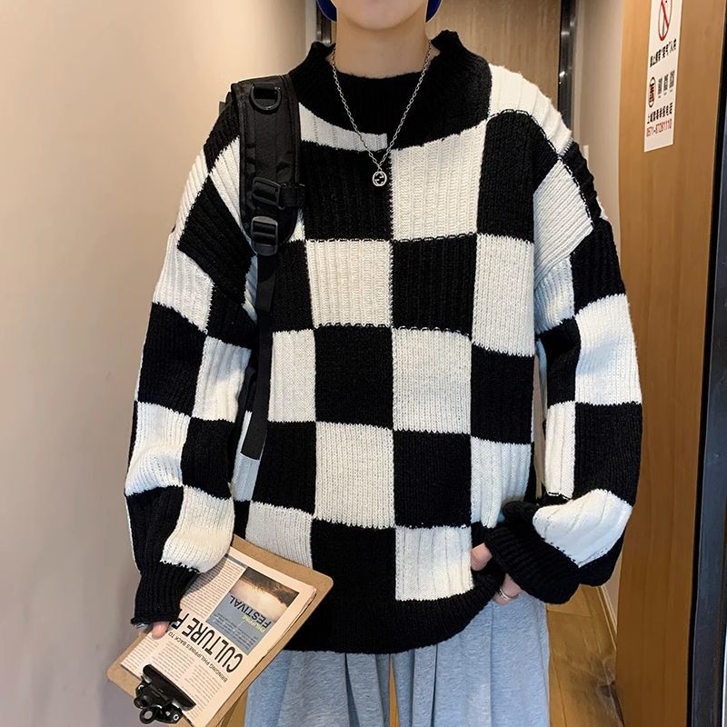 美式棋盤格毛衣男秋季寬鬆套頭軟糯針織衫潮牌復古慵懶風情侶線衣