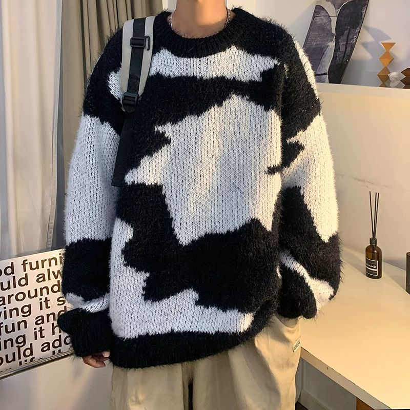 撞色情侶毛衣秋季寬鬆慵懶風針織衫男款潮流美式高街痞帥線衣外套