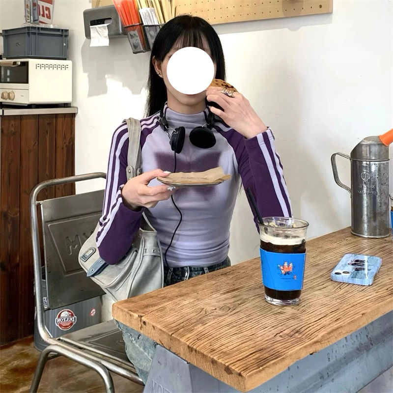 純棉春秋收腰甜辣顯瘦蝴蝶修身半高領插肩長袖t恤女學生百搭上衣