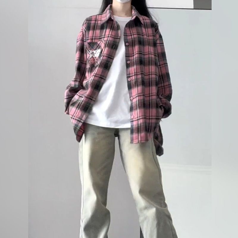 秋季女裝長袖格子襯衫女外穿內搭時尚疊穿寬鬆休閒襯衣上衣女洋氣