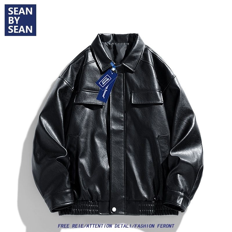 SEANBYSEAN美式棒球服男款秋季新款ins潮寬鬆飛行員pu皮夾克外套