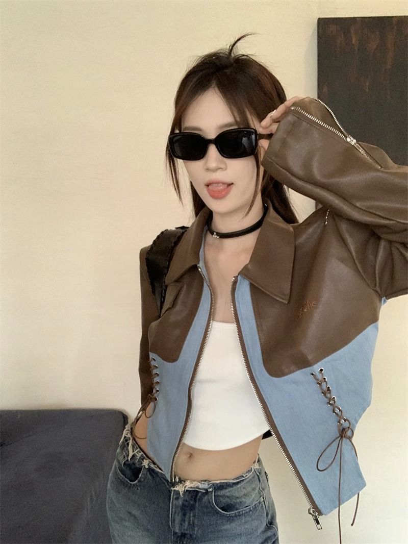 80-200 pounds large size retro leather jacket for women spring and autumn new style short hot girl motorcycle style jacket top for women