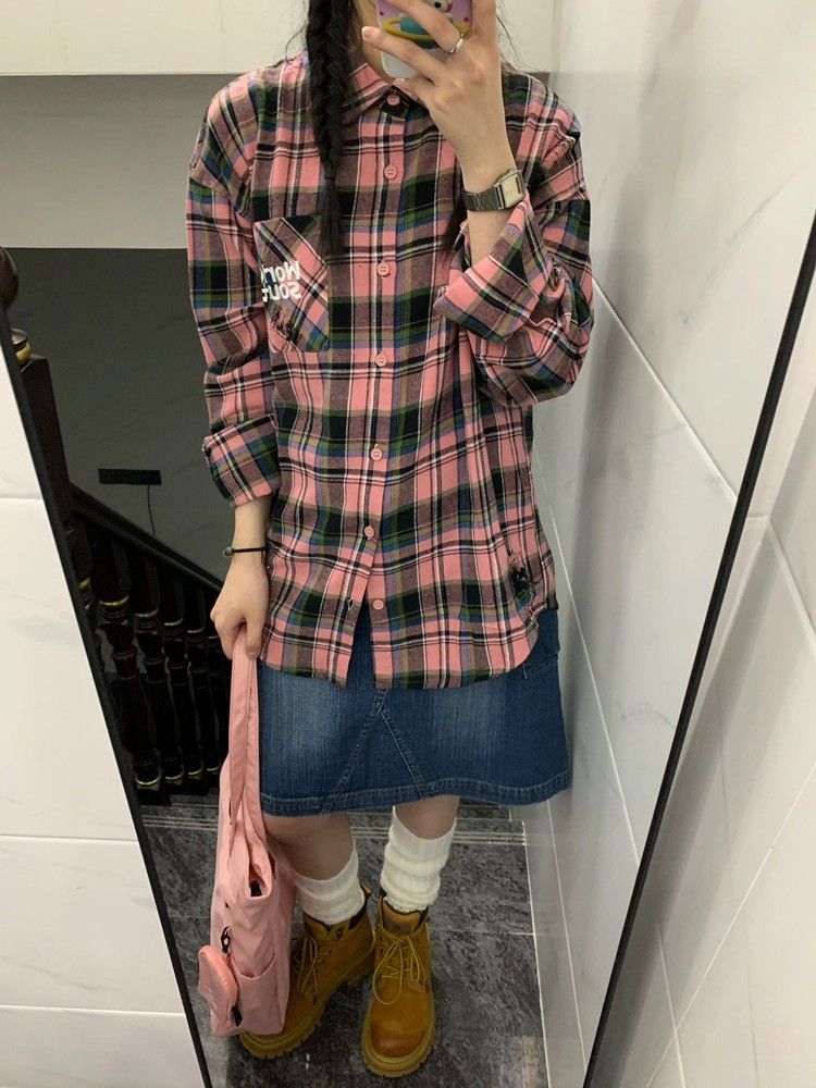 秋季女裝長袖格子襯衫女外穿內搭時尚疊穿寬鬆休閒襯衣上衣女洋氣