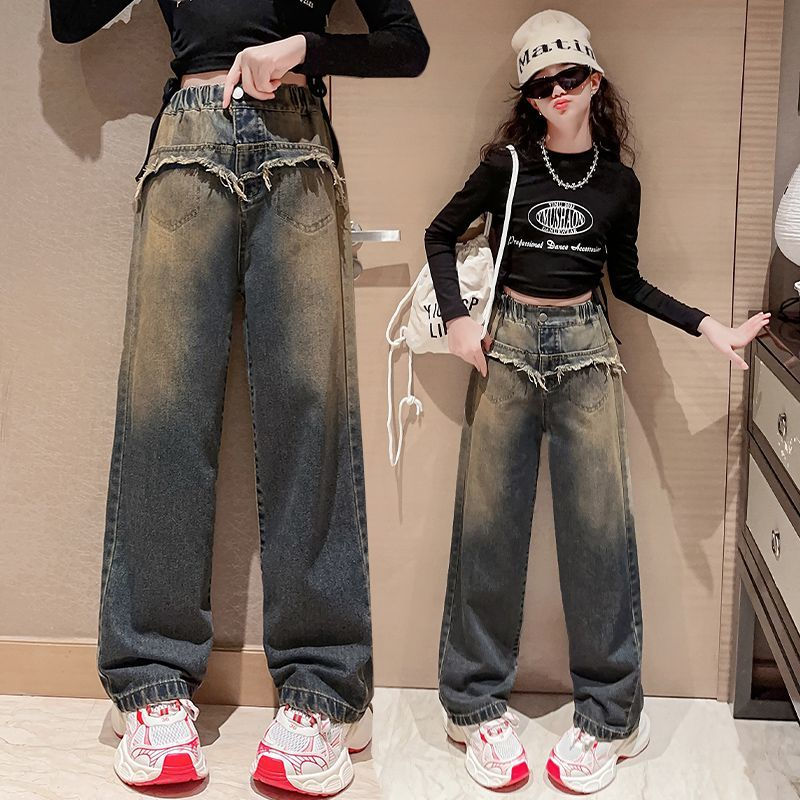 女童闊腿褲春秋裝2023新款洋氣小學生時尚直筒牛仔褲兒童秋季褲子
