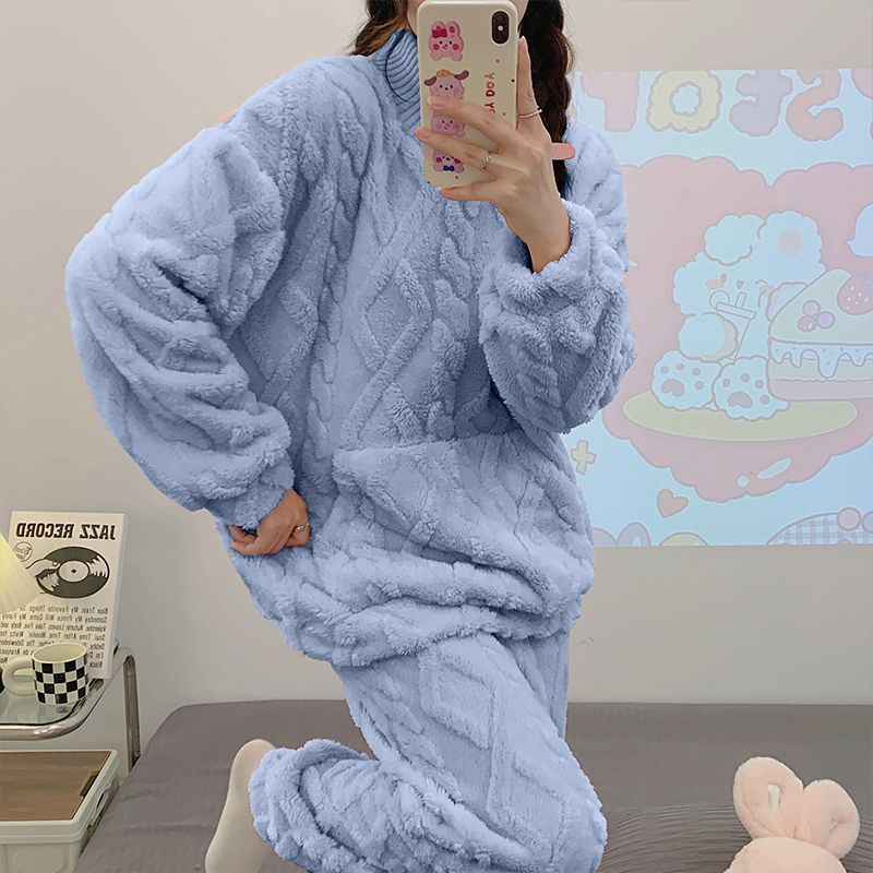 睡衣女冬季珊瑚絨保暖高領時尚可外穿家居服秋冬款法蘭絨卡通套裝