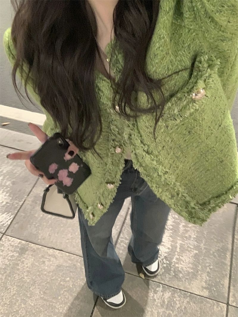 大碼法式復古芥末綠流蘇小香風外套女秋冬新款時尚寬鬆粗花呢上衣