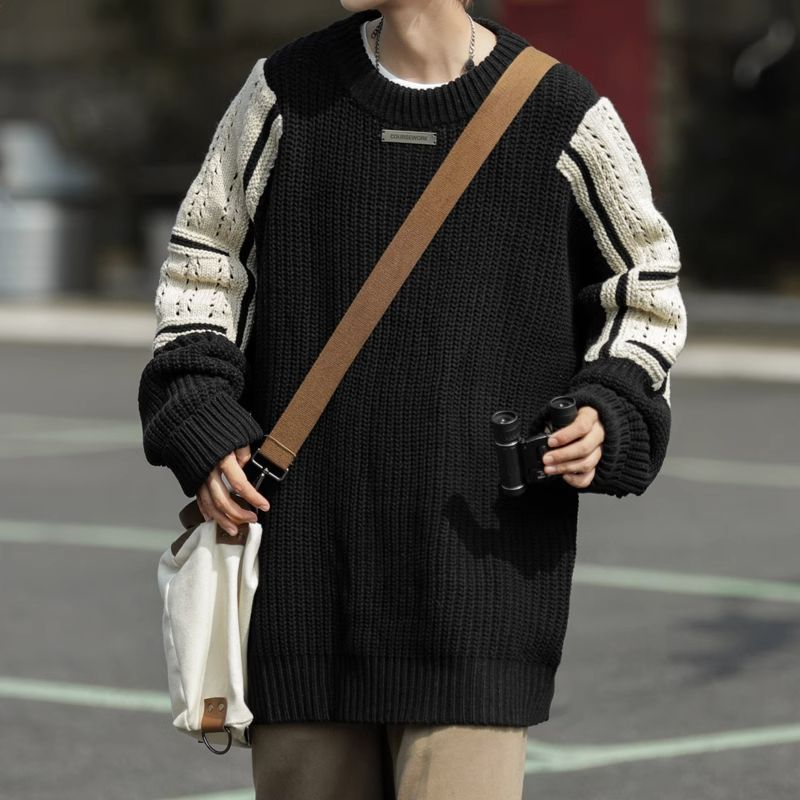 日系撞色拼接毛衣秋季潮牌ins痞帥男士針織衫寬鬆慵懶風線衣外套