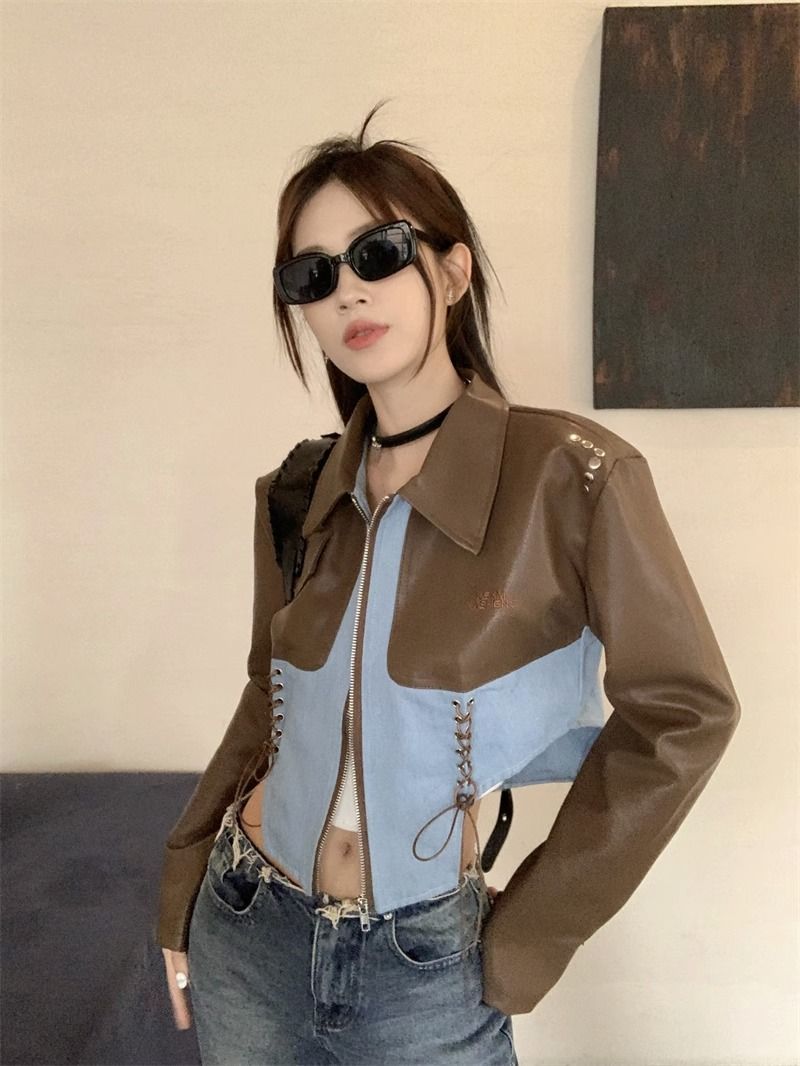 80-200 pounds large size retro leather jacket for women spring and autumn new style short hot girl motorcycle style jacket top for women