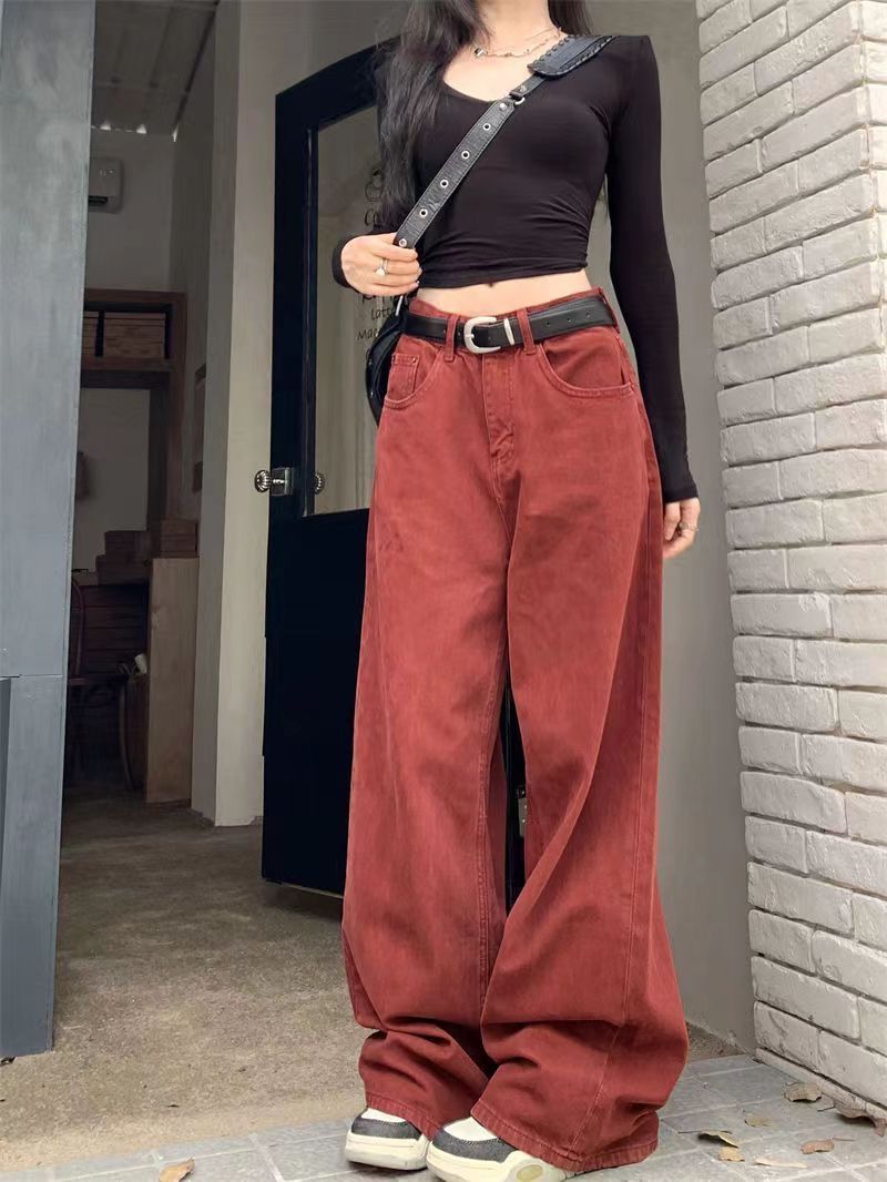 美拉德復古紅色闊腿牛仔褲女秋冬新款高腰垂感寬鬆顯瘦直筒拖地褲