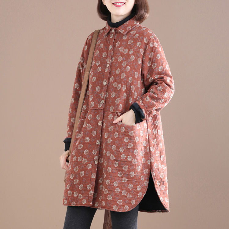 Export to Italy foreign trade women's retro printed lapel jacket winter loose mid-length lightweight warm cotton coat
