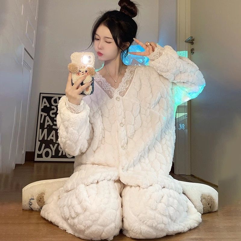 珊瑚絨睡衣女秋冬季新款可愛公主風法蘭絨冬天加絨加厚家居服套裝