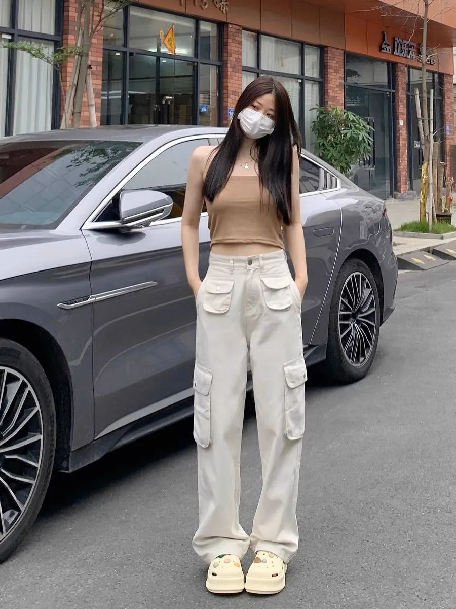 美式白色工裝褲女2023年秋季新款多口袋設計感寬鬆顯瘦闊腿工裝褲
