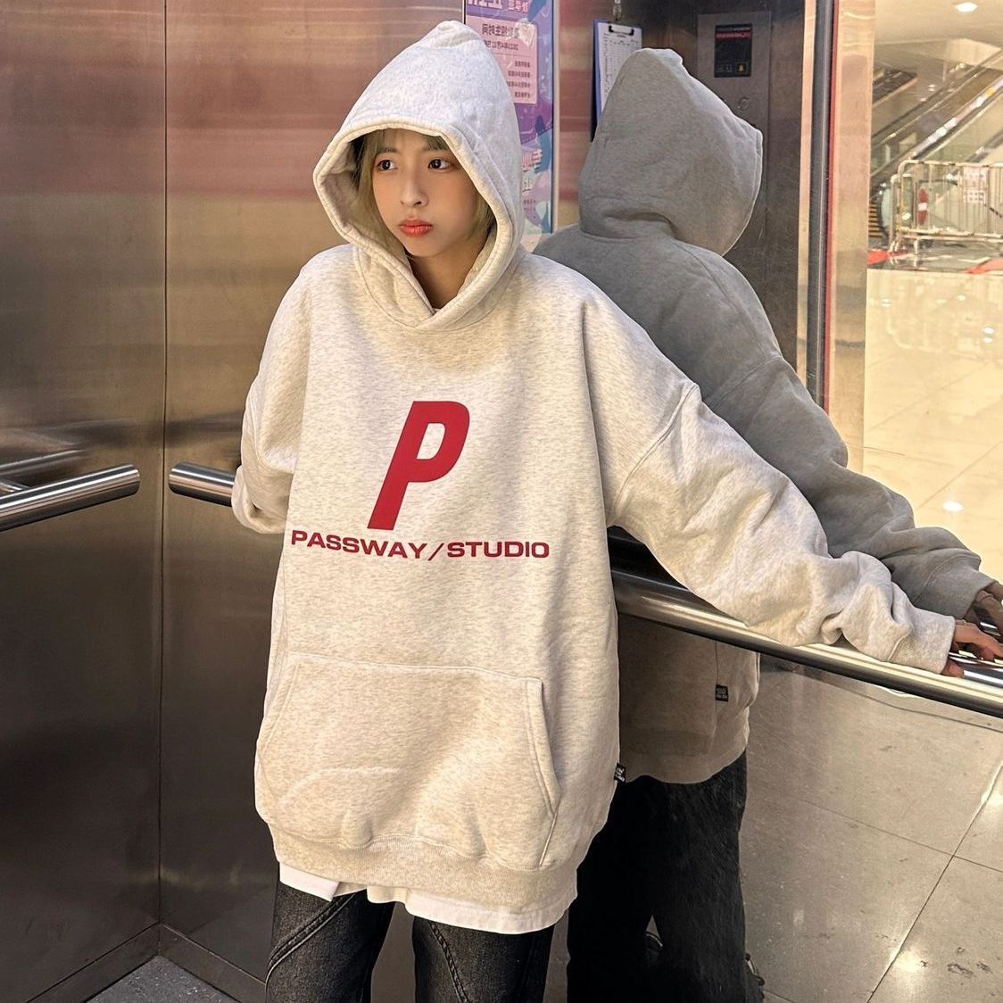 National trend American retro letter print hooded sweatshirt for women autumn and winter new loose heavyweight pure cotton silver fox velvet jacket