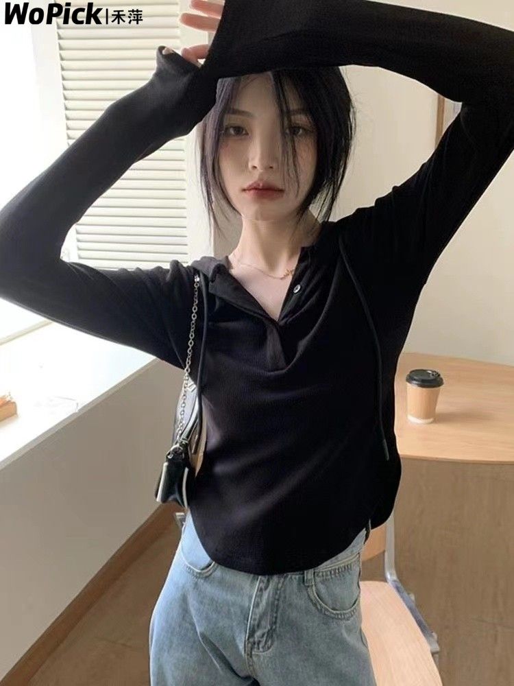 純欲風白色連帽長袖T恤女秋季寬鬆顯瘦內搭打底衫不規則上衣ins潮