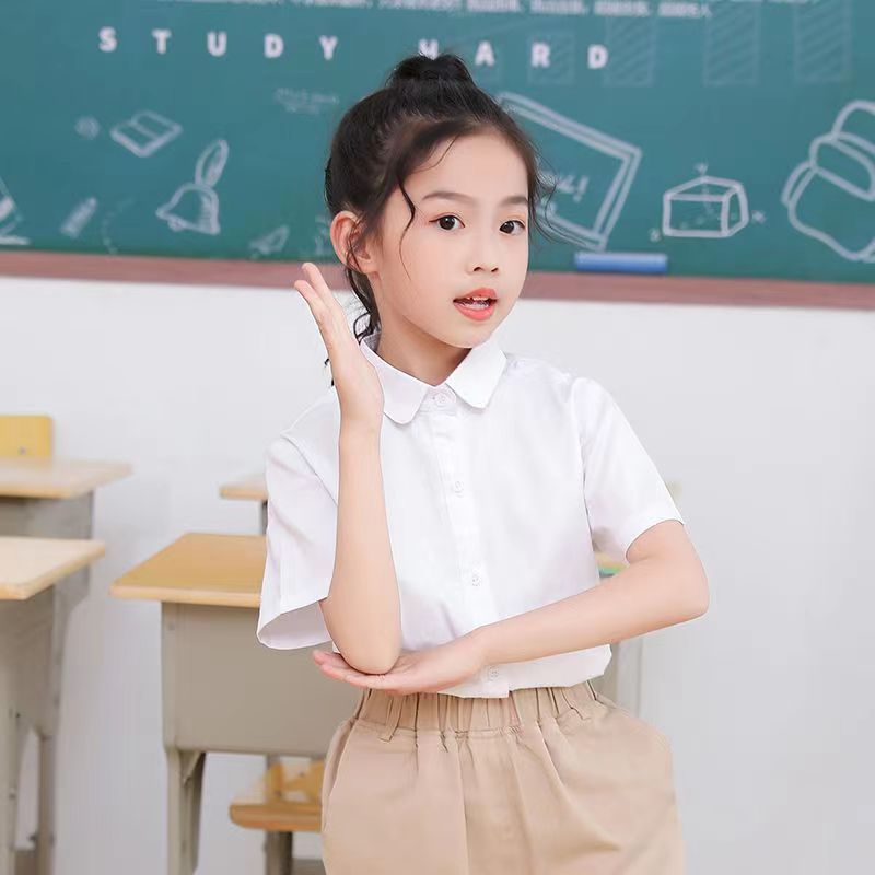 Girls' white shirt long-sleeved children's school uniform spring and autumn performance style children's white shirt