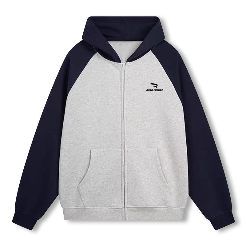 National trend American retro raglan sleeve hooded sweatshirt for men and women autumn and winter new heavy cotton cardigan zipper jacket trendy