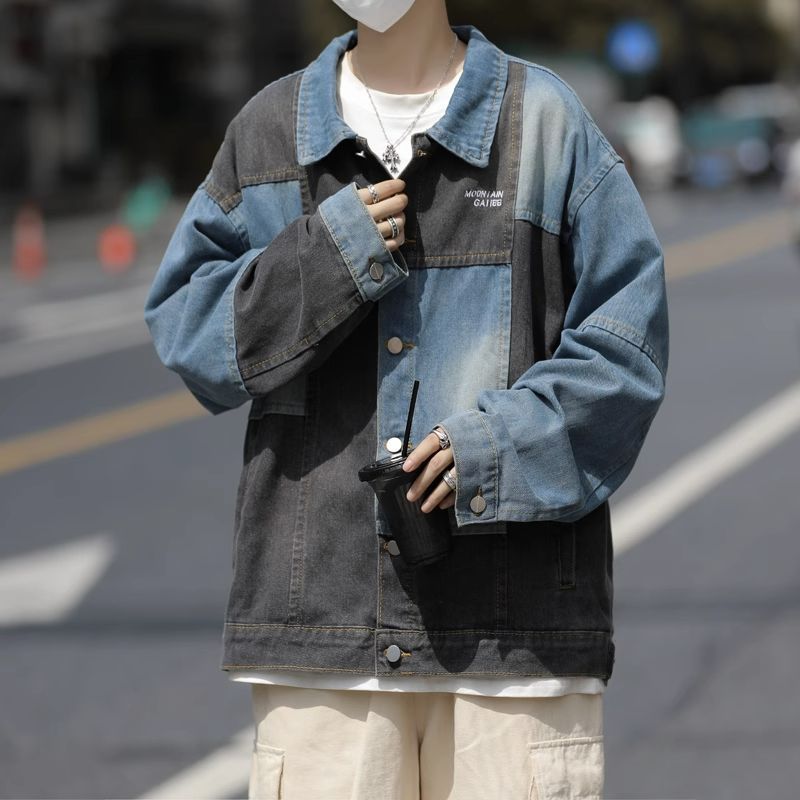設計感牛仔外套男款春秋季重磅潮牌寬鬆工裝上衣美式翻領休閒夾克