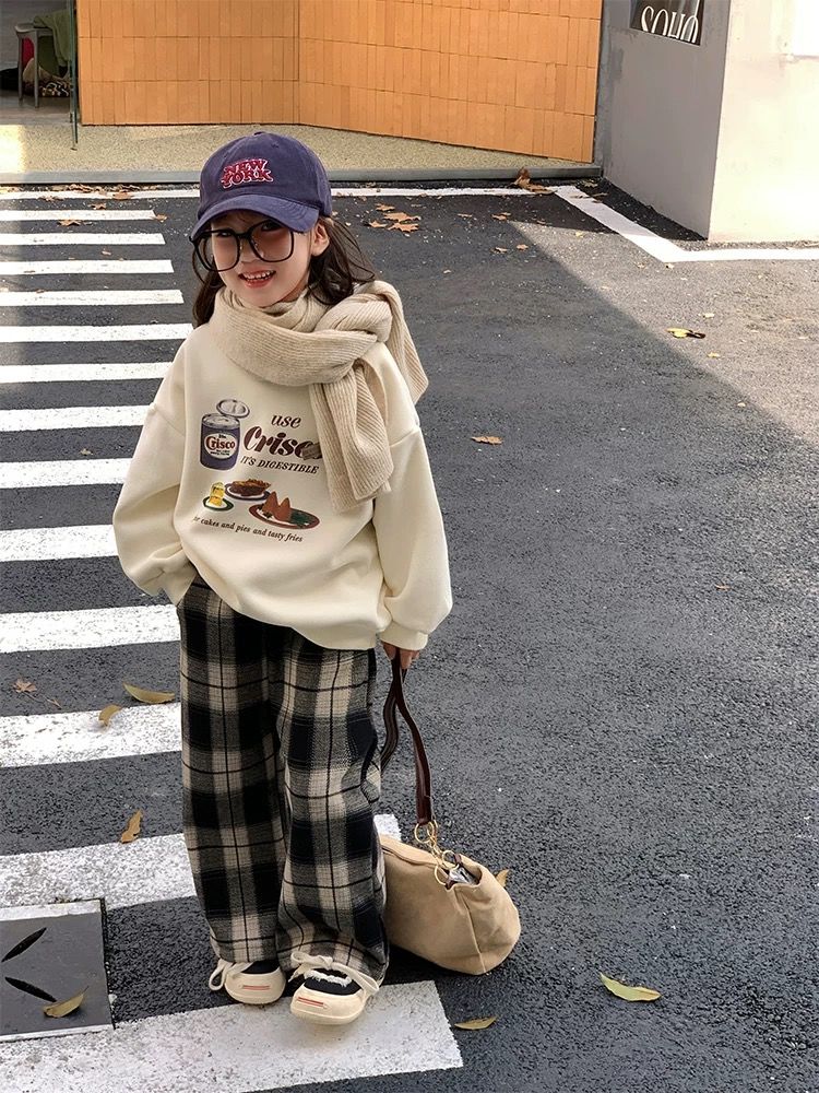 女童秋冬套裝加絨衛衣2023新款韓系時髦洋氣網紅格子褲兩件套潮
