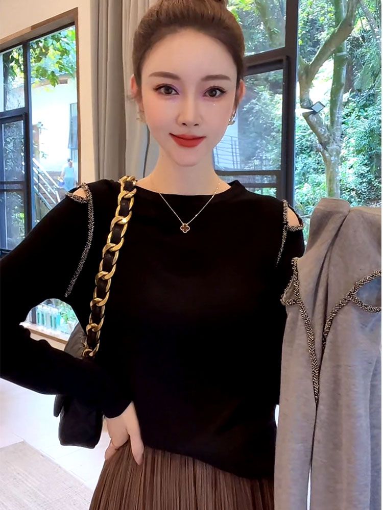 藍海奕諾秋新款釘珠露肩針織衫女高級感顯瘦洋氣減齡顯瘦長袖上衣