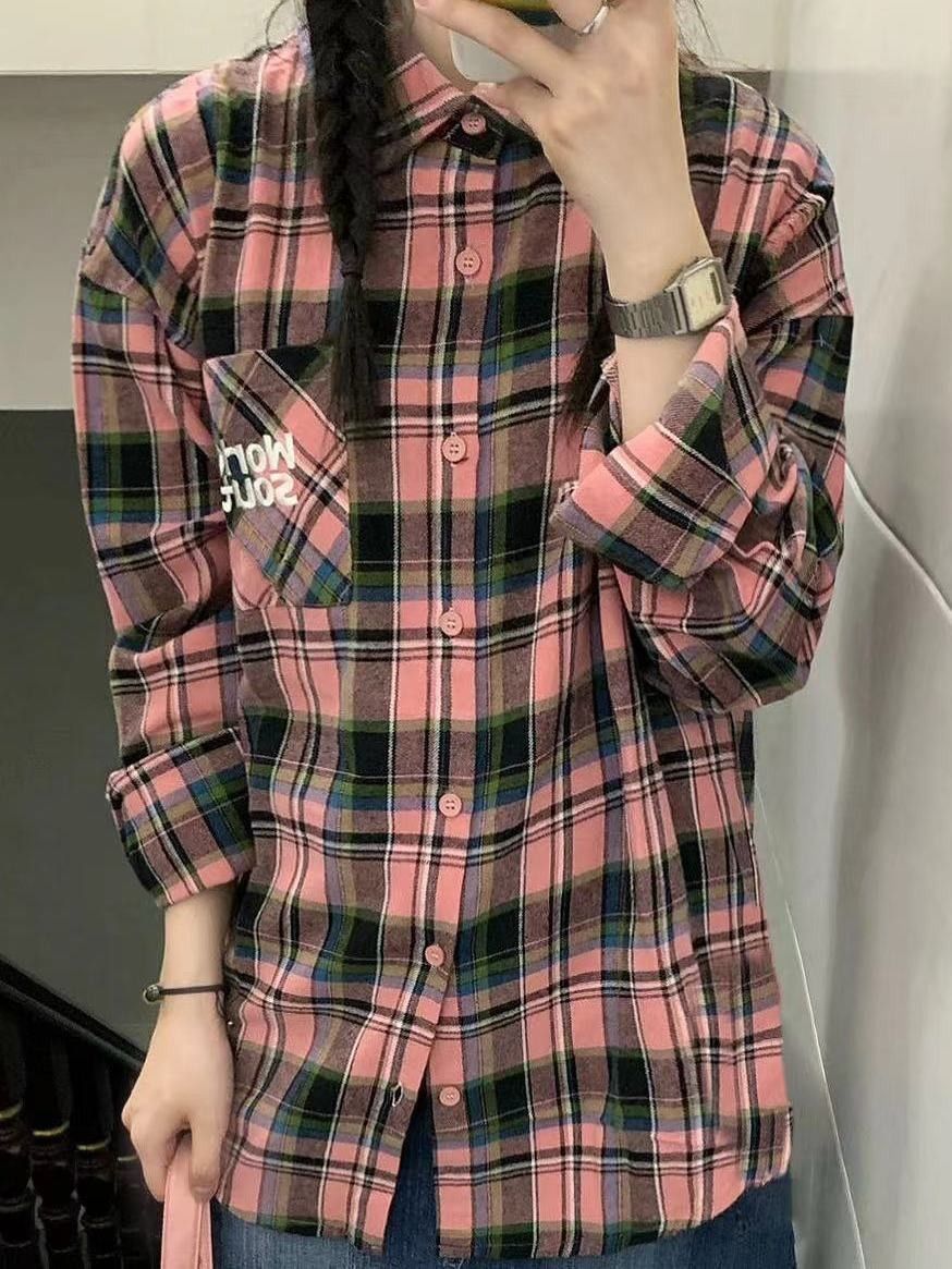 復古chic格子襯衫女寬鬆休閒顯瘦大碼女裝長袖襯衣外穿開衫上衣