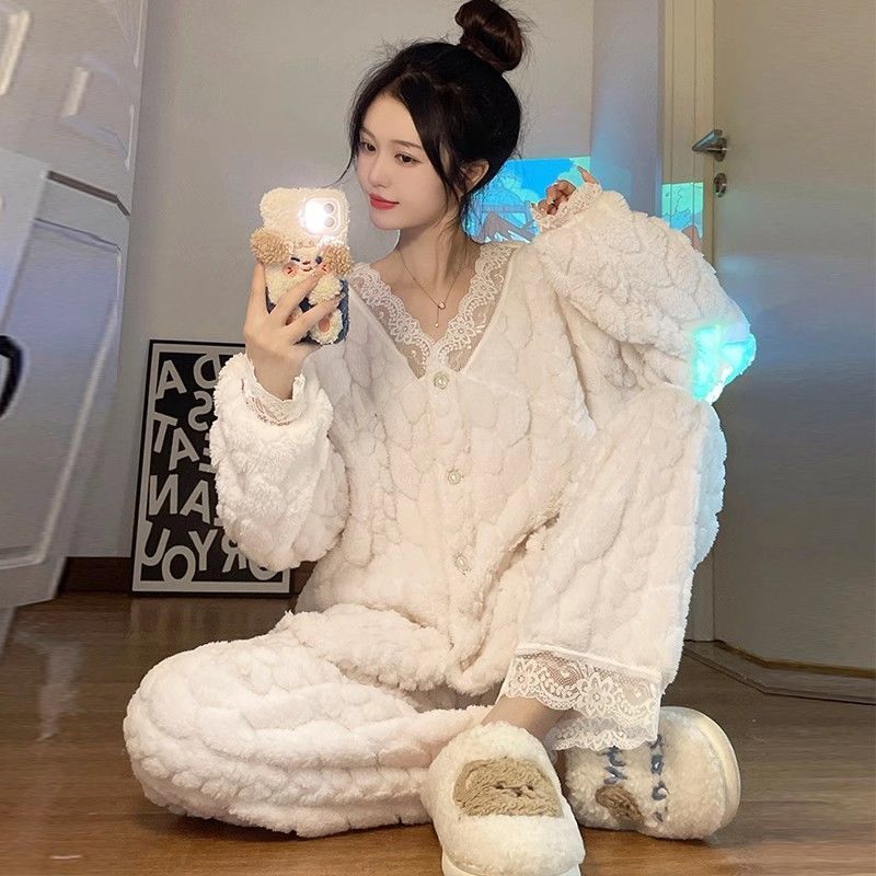 珊瑚絨睡衣女士蕾絲新款秋冬季加絨加厚保暖冬天法蘭絨家居服套裝
