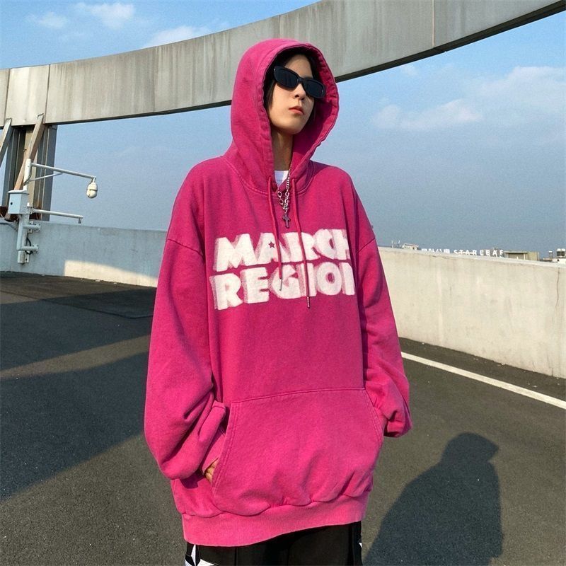American retro letter print hooded rose red sweatshirt for women autumn and winter new heavyweight pure cotton silver fox velvet jacket trendy