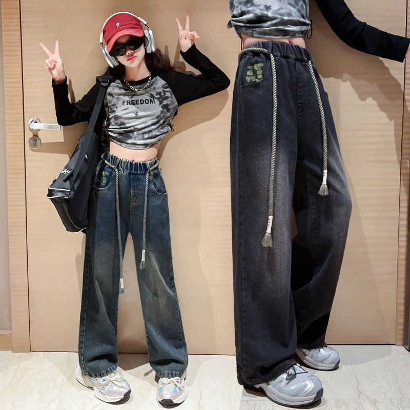 女童褲子春秋2023新款大童時髦洋氣秋季闊腿褲休閒秋裝兒童牛仔褲