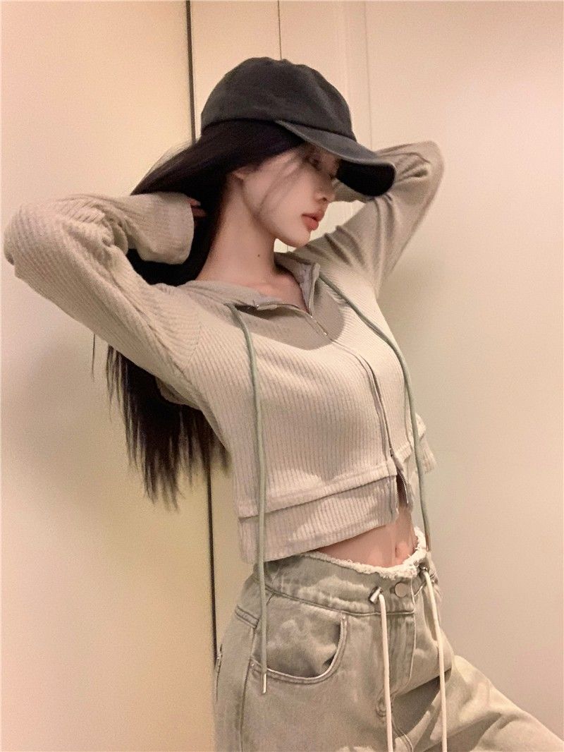 Black double zipper knitted cardigan women's autumn and winter slim hooded bottoming shirt pure lust sweet hot girl short top